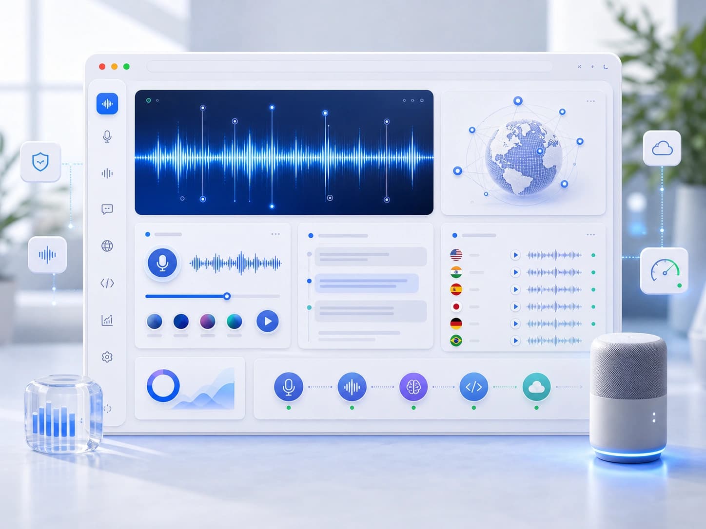 Raritone voice AI platform dashboard with waveform, multilingual voices, and API pipeline