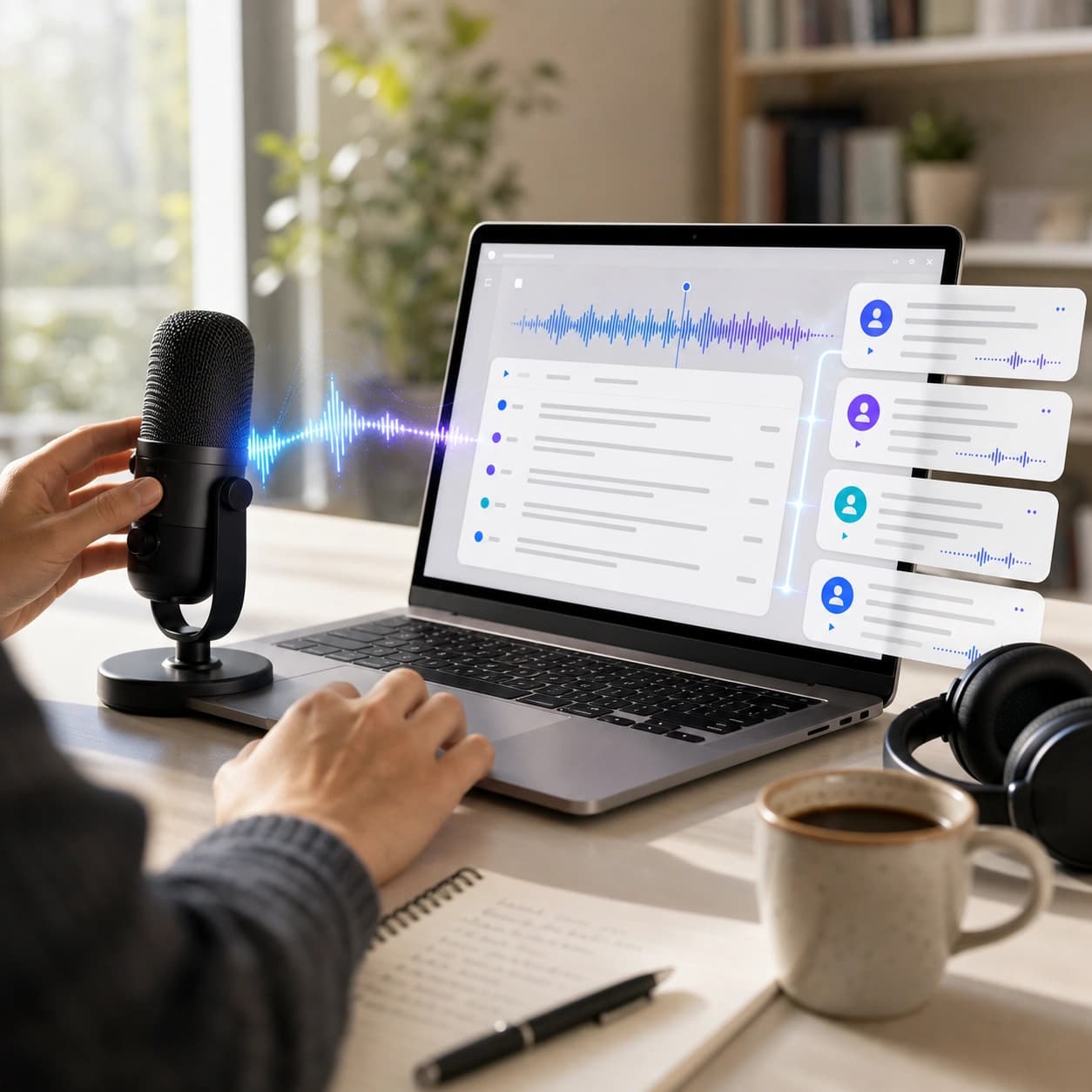 Realistic speech-to-text workspace with a microphone, laptop, and transcript interface