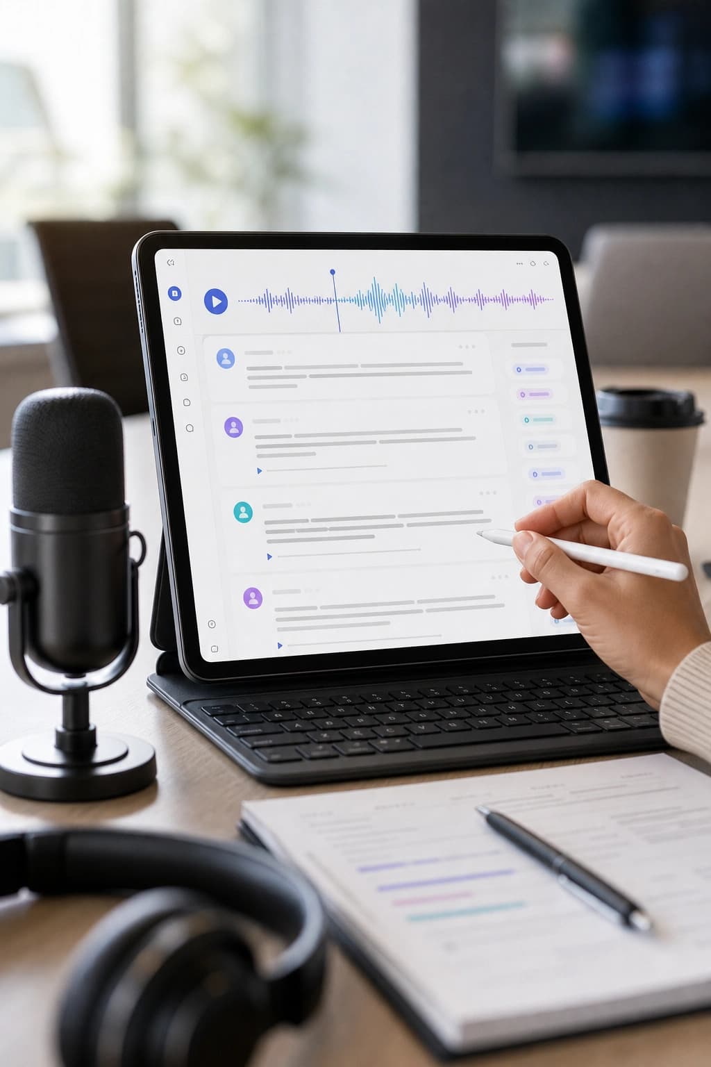 Realistic transcription workspace with microphone, tablet, and transcript editor