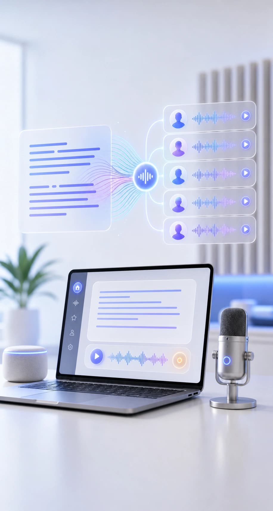 Text-to-speech workspace converting text blocks into voice waveforms