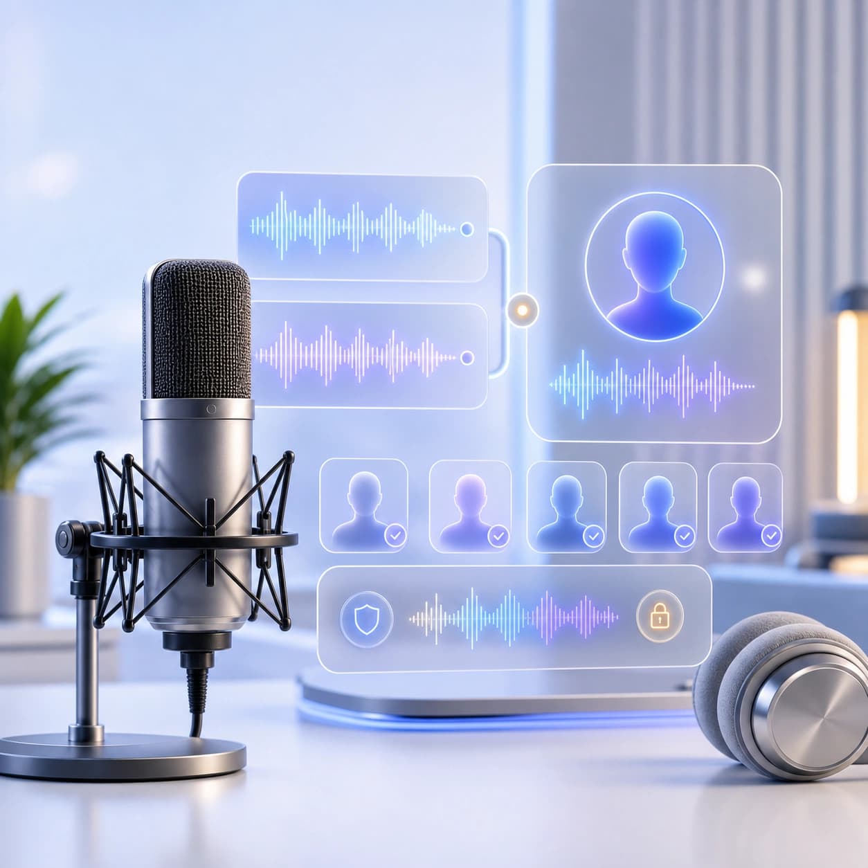 Secure voice cloning workspace with microphone and voice profile waveforms