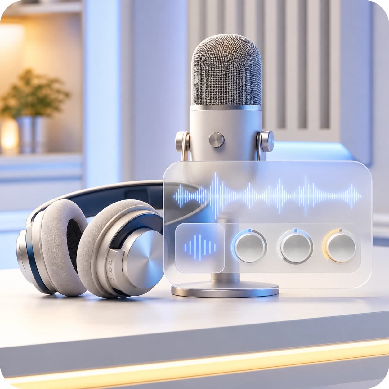 AI voice preview with microphone headphones and waveform controls